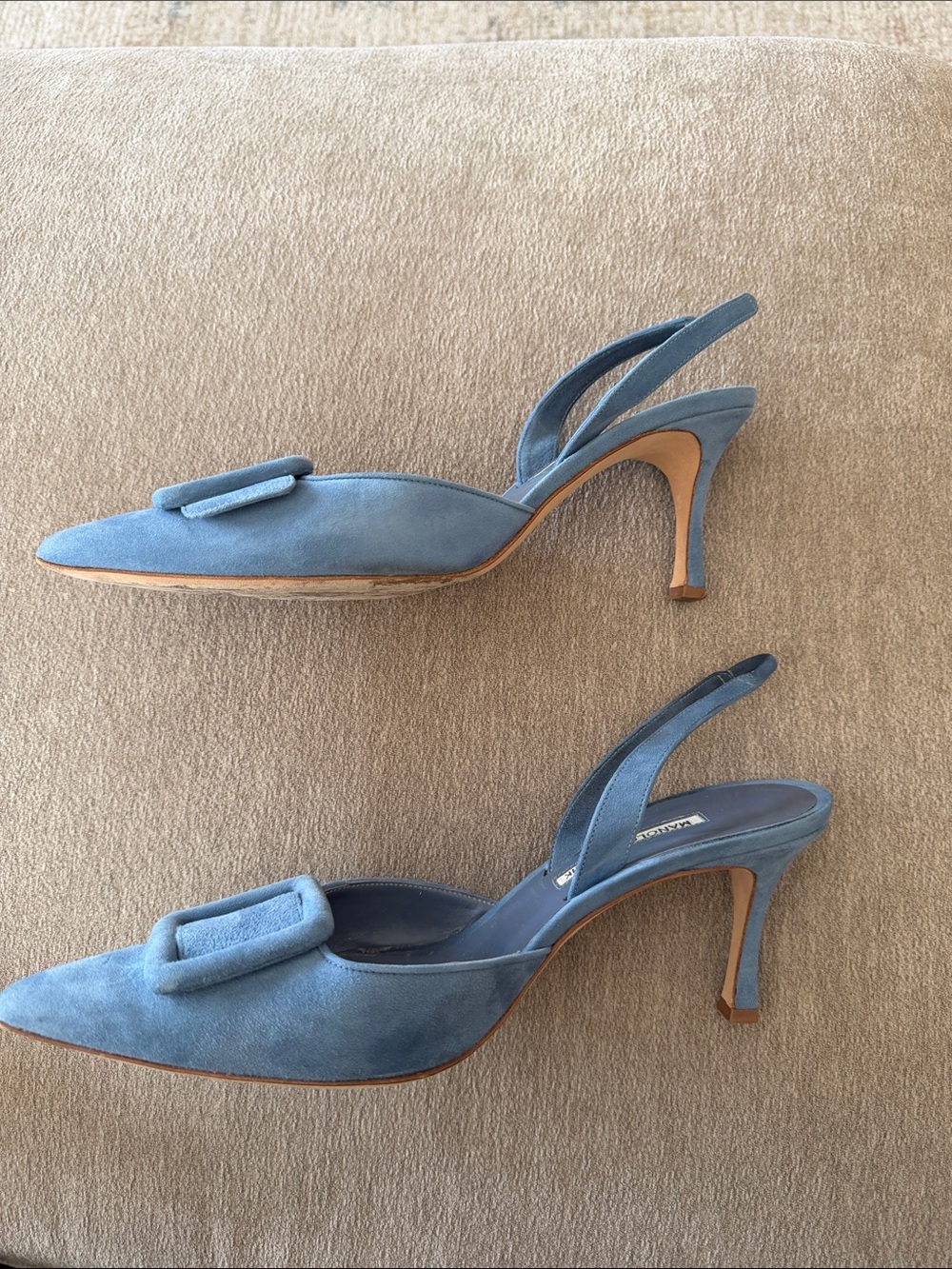 Manolo Blahnik Maysli Powder Blue Suede Pointed Slingback Pumps with Buckle - Picture 6 of 6